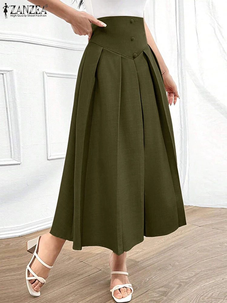 Elegant Pleated Maxi Skirts High Waist Office Skirts Women Casual Loose Zipper Buttons Overskirts A-Line Bottom Lady ZANZEA 2025