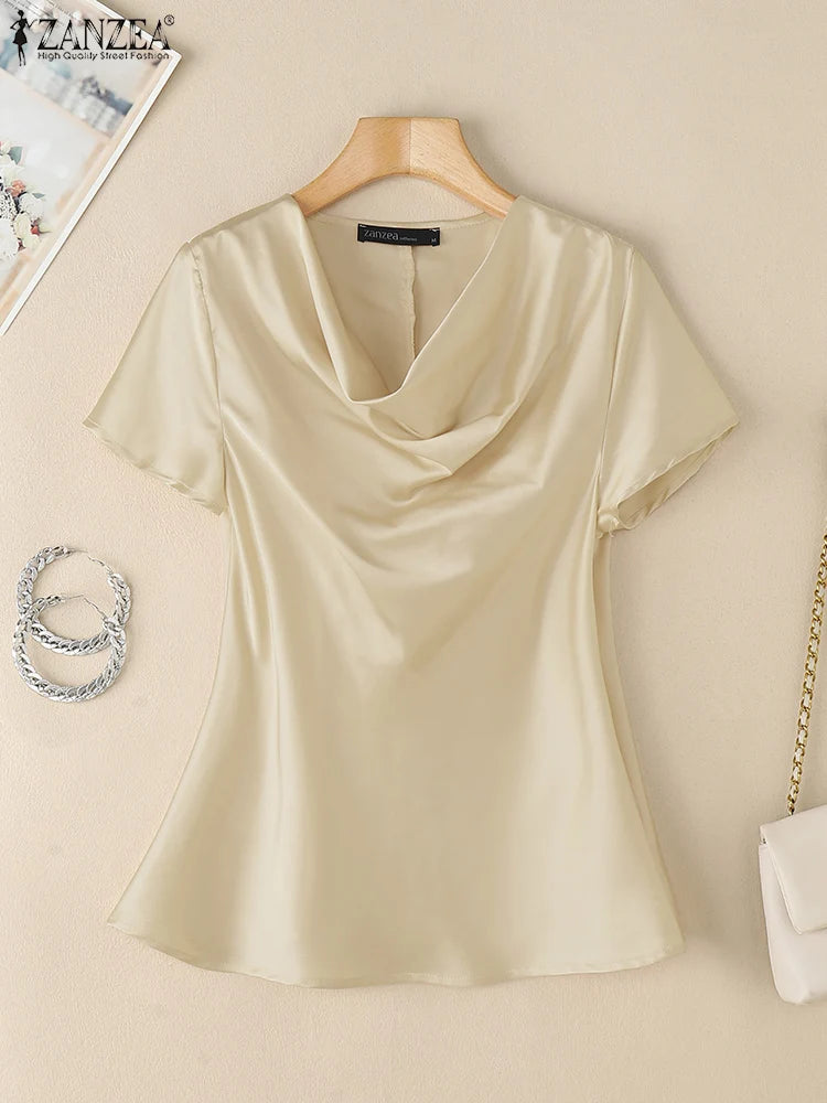ZANZEA Casual Satin Party Tops Woman Cowl Neck 2025 Fashion Korean Style Blouses Elegant Short Sleeve Solid Color Blusas Mujer