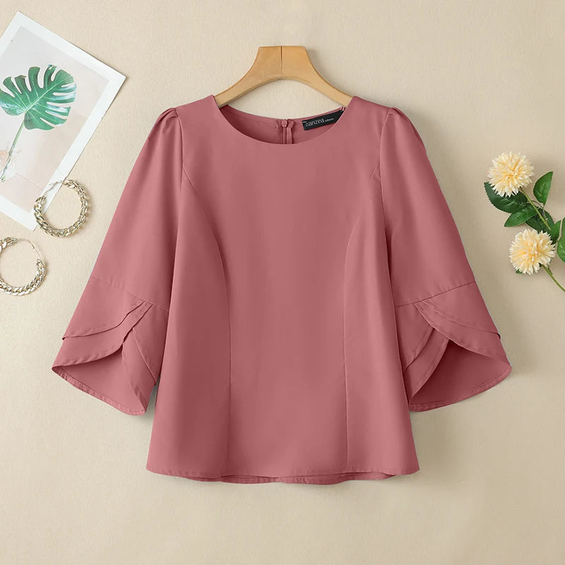 2025 ZANZEA Office Blouse Women Shirt Stylish Solid Slim Fit Tops Summer Elegant 3/4 Petal Sleeve Work Blusas Mujer Oversize
