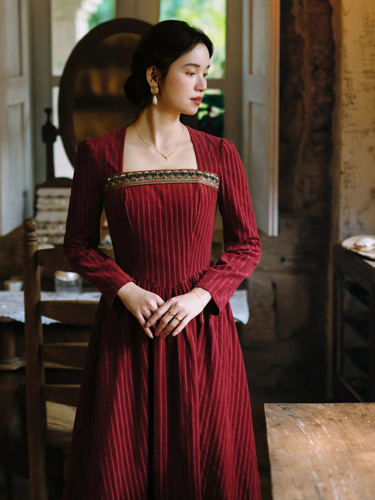 TIYIHAILEY Women 100% Cotton Corduroy Dress Full Sleeve Long Maxi Ladies S-XL Vintage High Waist 2025 Wine Red Beaded Winter