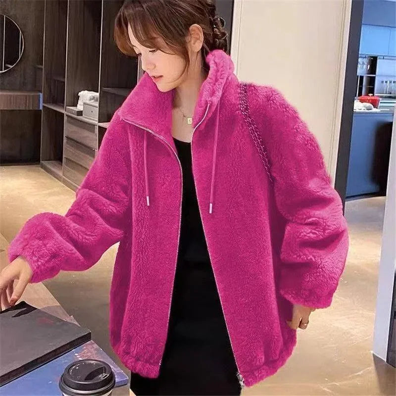 Winter Warm Double Coral Fleece Coat Women Stand Collar Plush Thick Overcoat New Fashion Loose Casual Long Sleeve Zipper Clothes
